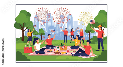 People enjoying a picnic and fireworks celebration.