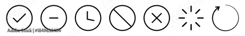 UI status and control line icon set showing active, inactive, pending, disabled and processing states with check minus clock block spinner symbols for dashboards, apps admin panels and SaaS interfaces