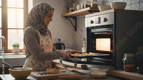 Woman in Headscarf Baking in Modern Kitchen.