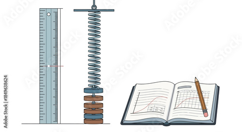 Physics experiment with spring, weights, ruler, and notebook.