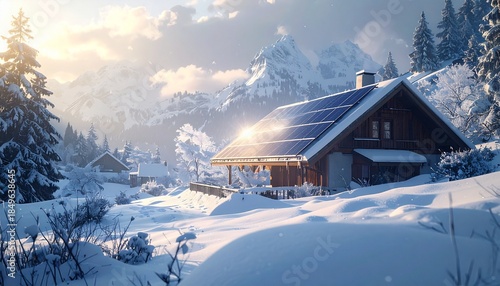snowy winter landscape scene with solar panels in the mountains