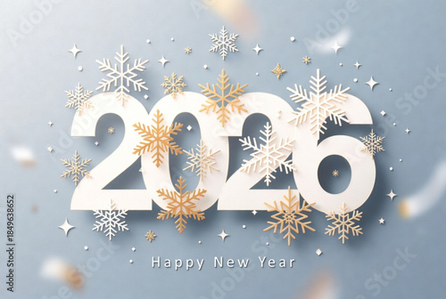 White 2026 New Year Text with Golden Snowflakes