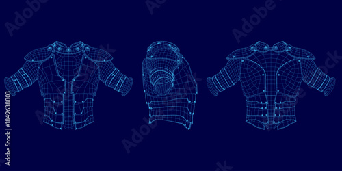 Three distinct armor blueprints feature chest plates, shoulder pads, and arm guards on a blue background. The detailed wireframe reveals intricate patterns and textures for each design.