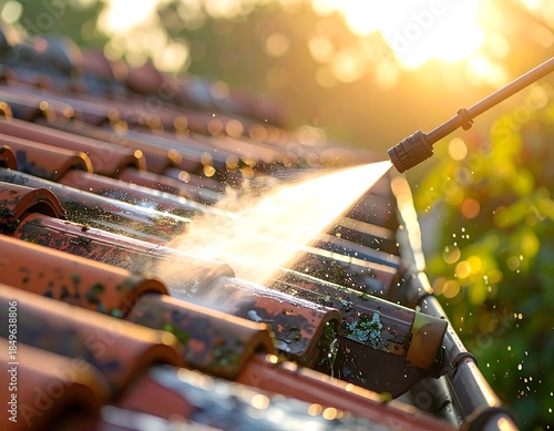 Stream of pressurized water cleans a tiled roof, sunlight beaming