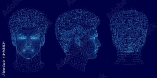 A 3D wireframe male head model with detailed facial features, styled hair, and a geometric fashion collection aesthetic on a solid blue background.