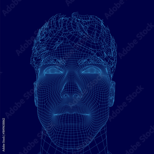 A detailed male head wireframe model with defined facial features and hair, constructed from geometric lines and shapes on a solid blue background.