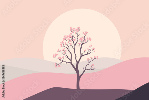 Blooming cherry tree at sunrise in abstract pink hills, modern flat vector illustration symbolizing spring awakening, hope, renewal and peaceful nature landscape.