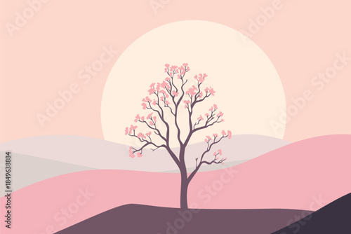 Blooming cherry tree at sunrise in abstract pink hills, modern flat vector illustration symbolizing spring awakening, hope, renewal and peaceful nature landscape.