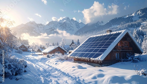 snowy winter landscape scene with solar panels in the mountains