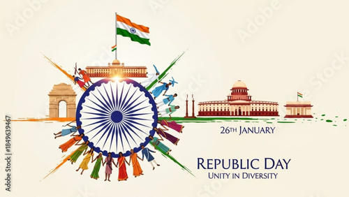 Indian Republic Day celebration with Ashoka Chakra diverse people and iconic landmarks vector illustration for patriotic design and national holidays
