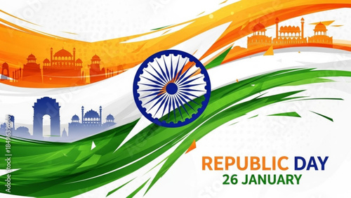 Indian Republic Day celebration banner with Ashoka Chakra and iconic landmarks symbolizing national pride and patriotism for India