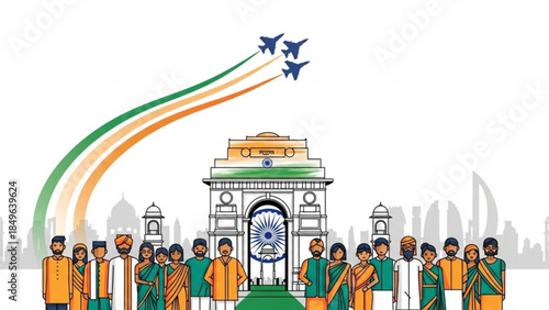 Diverse group of people celebrating Indian Independence Day with fighter jets flying over India Gate vector illustration for national holidays and patriotism