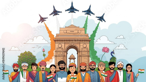 Diverse Indian people celebrating Independence Day with fighter jets flying over India Gate symbolizing national pride and unity