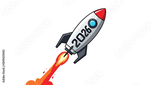 A cartoon rocket with '2026' written on its side is launching into the sky with a fiery exhaust, symbolizing future goals and progress.