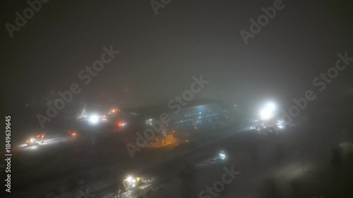 Aerial view of foggy construction sight in early December morning