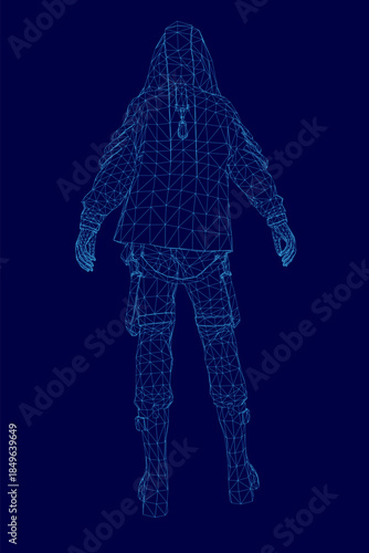 A 3D wireframe model of a person in tactical clothing stands against a solid blue backdrop.