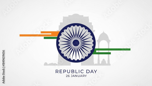 Indian Republic Day celebration graphic with Ashoka Chakra and India Gate silhouette vector illustration for national holidays and patriotic events