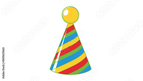 A vibrant, striped conical party hat with a yellow pom-pom on top, set against a plain white background.