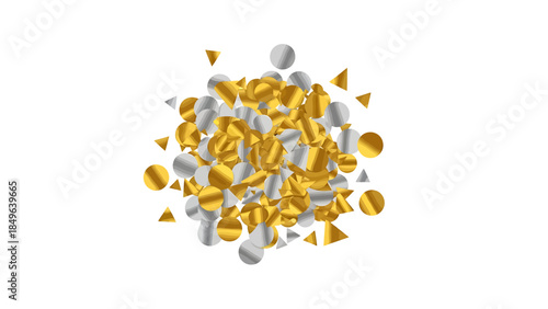A pile of shiny gold and silver confetti in various shapes like circles and triangles, isolated on a white background.