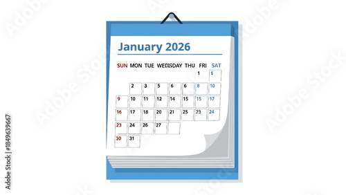 A blue and white wall calendar displaying the month of January 2026, with a curled page corner.