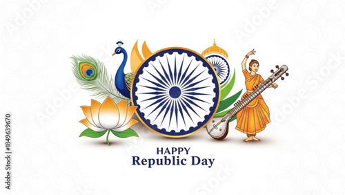 Happy Republic Day illustration featuring Ashoka Chakra peacock lotus and a dancer with a veena symbolizing Indian culture and patriotism isolated on white