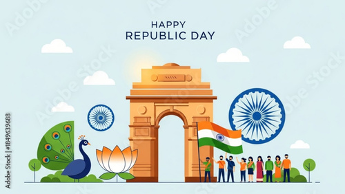 Happy Republic Day illustration featuring India Gate peacock lotus and diverse people celebrating vector art for national holidays and events