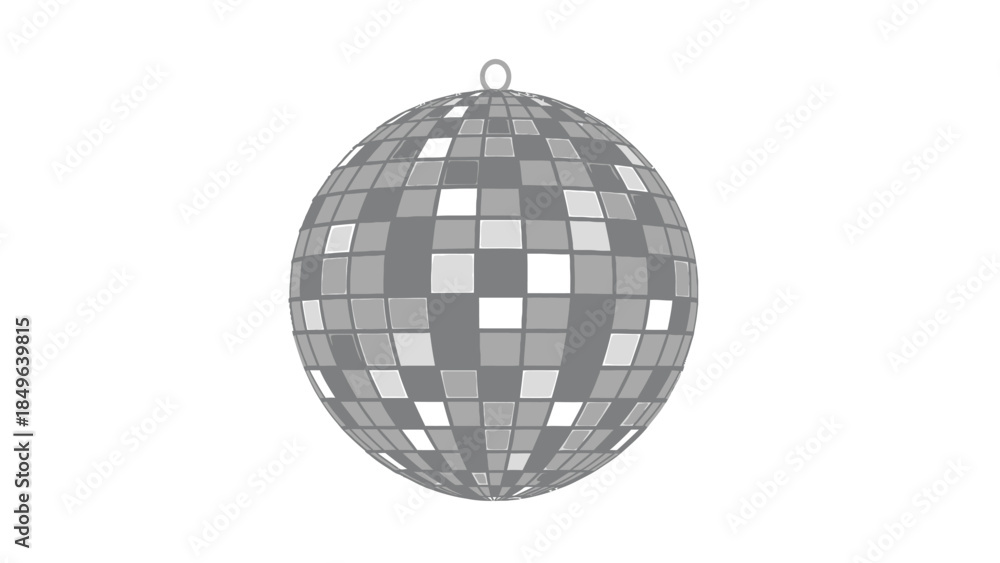 Fototapeta premium A grey disco ball with reflective squares and a hanging loop, often used for parties and celebrations.