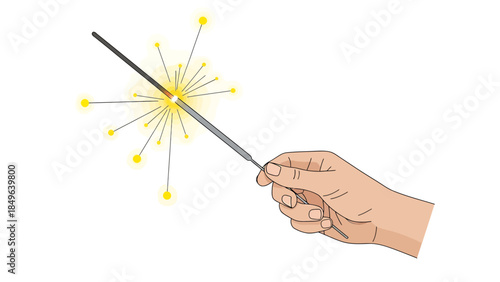 A hand holding a lit sparkler emitting bright yellow sparks against a white background.