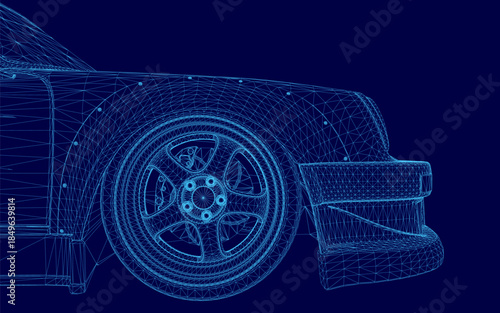 A detailed wireframe model of a sport car blueprint, isolated on a solid blue background for clear presentation.