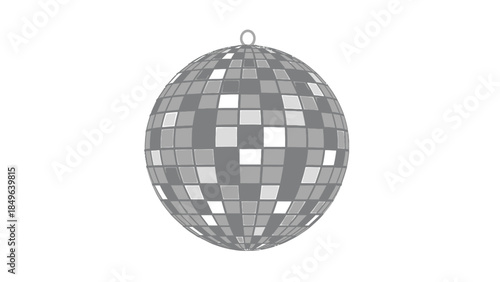 A grey disco ball with reflective squares and a hanging loop, often used for parties and celebrations.