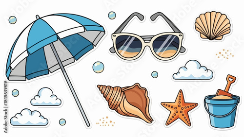 Beach Vacation Essentials Collection With Umbrella Sunglasses Seashells And Bucket.