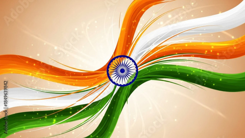 Abstract Indian flag design with swirling ribbons and Ashoka Chakra representing national pride and celebration for India