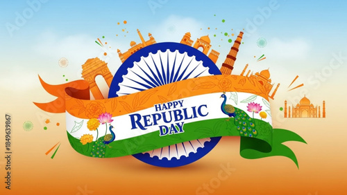 Happy Republic Day banner with Indian landmarks and peacock celebrating national holiday with tricolor ribbon and Ashoka Chakra vector illustration