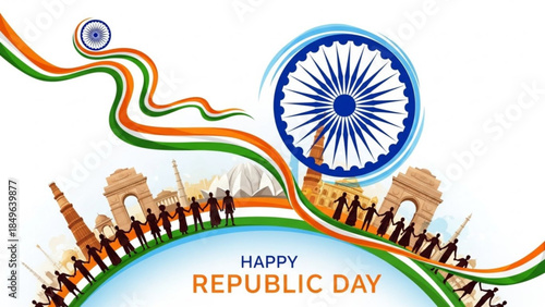Happy Republic Day illustration with Indian landmarks Ashoka Chakra and tricolor ribbon symbolizing national pride and unity for India