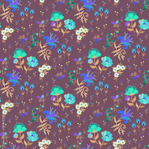 Emerald and blue embroidered flowers on cocoa powder background. Floral embroidery seamless pattern.