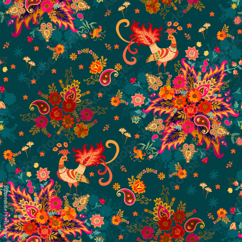 Seamless pattern with bright, magical birds and lush bouquets of flowers on a...