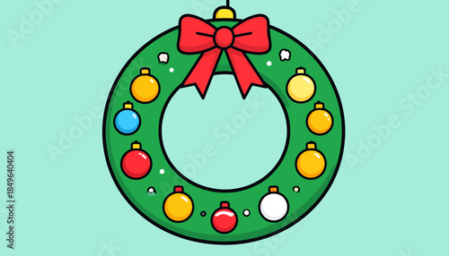 Festive Christmas wreath adorned with colorful baubles and a red bow, symbolizing holiday cheer and seasonal celebration