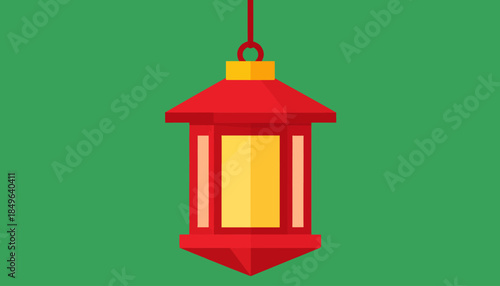 Vibrant traditional red hanging lantern illustration, representing cultural festivities and celebrations, in a clean flat design on a solid green background