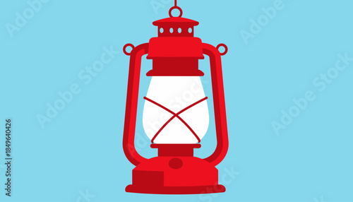 Illustration of a classic red vintage camping lantern, an old-fashioned kerosene lamp with a glowing light, perfect for outdoor adventures and rustic decor