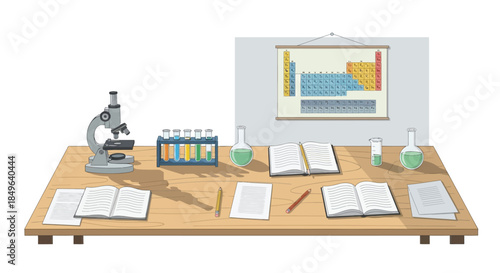 Science laboratory table with microscope and periodic table.