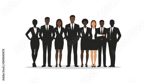 Professional business people standing together in a team, diverse group in formal attire, concept of teamwork and corporate success