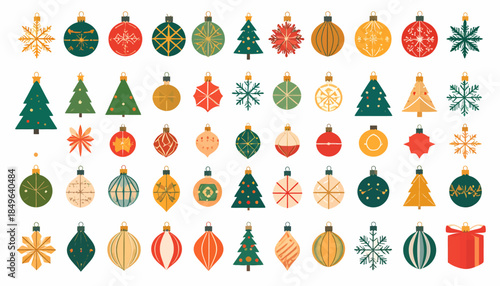Vibrant collection of festive Christmas ornaments, featuring a variety of holiday baubles, snowflakes, stars, and charming Christmas tree designs, perfect for seasonal decoration and greeting cards