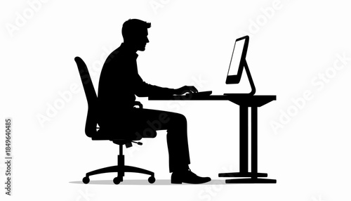 Silhouette of a man sitting at a desk and working on a computer, isolated on a white background