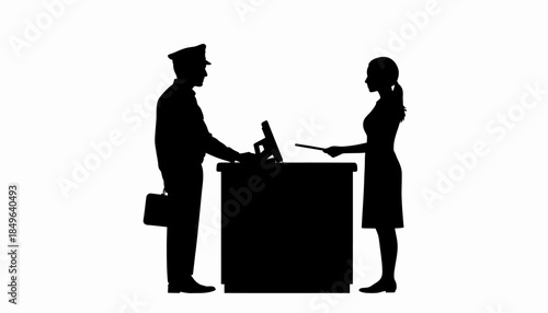 Customs officer checking passport at border control, silhouette illustration