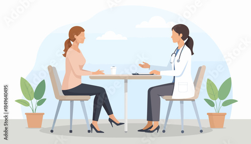 Female doctor providing a comprehensive healthcare consultation to a patient, discussing medical concerns and offering professional advice in a modern clinic setting illustration