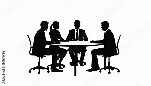 Business professionals collaborate in a meeting, discussing ideas and strategy around a table, symbolizing teamwork and corporate communication in a minimalist silhouette design