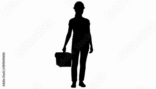 Silhouette of a person wearing a hard hat, carrying a toolbox, isolated on a white background, representing construction or a skilled trade