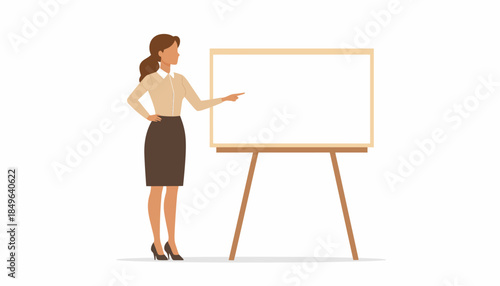 Professional businesswoman presenting information on a blank whiteboard, ready for your custom message or data, ideal for corporate training, educational content, or business concepts