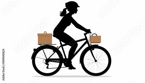 Silhouette of a person on a bicycle carrying packages in baskets, representing delivery and transportation services