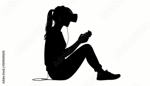 Silhouette of a person wearing a virtual reality headset and holding a game controller, sitting down